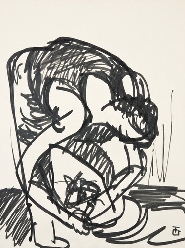 Toss Woollaston Untitled [Quentin (Kin) Woollaston Shearing] 1962. Ink on paper. Collection of Christchurch Art Gallery Te Puna o Waiwhetū, gift of the family of Geoffrey Moorhouse, 2011